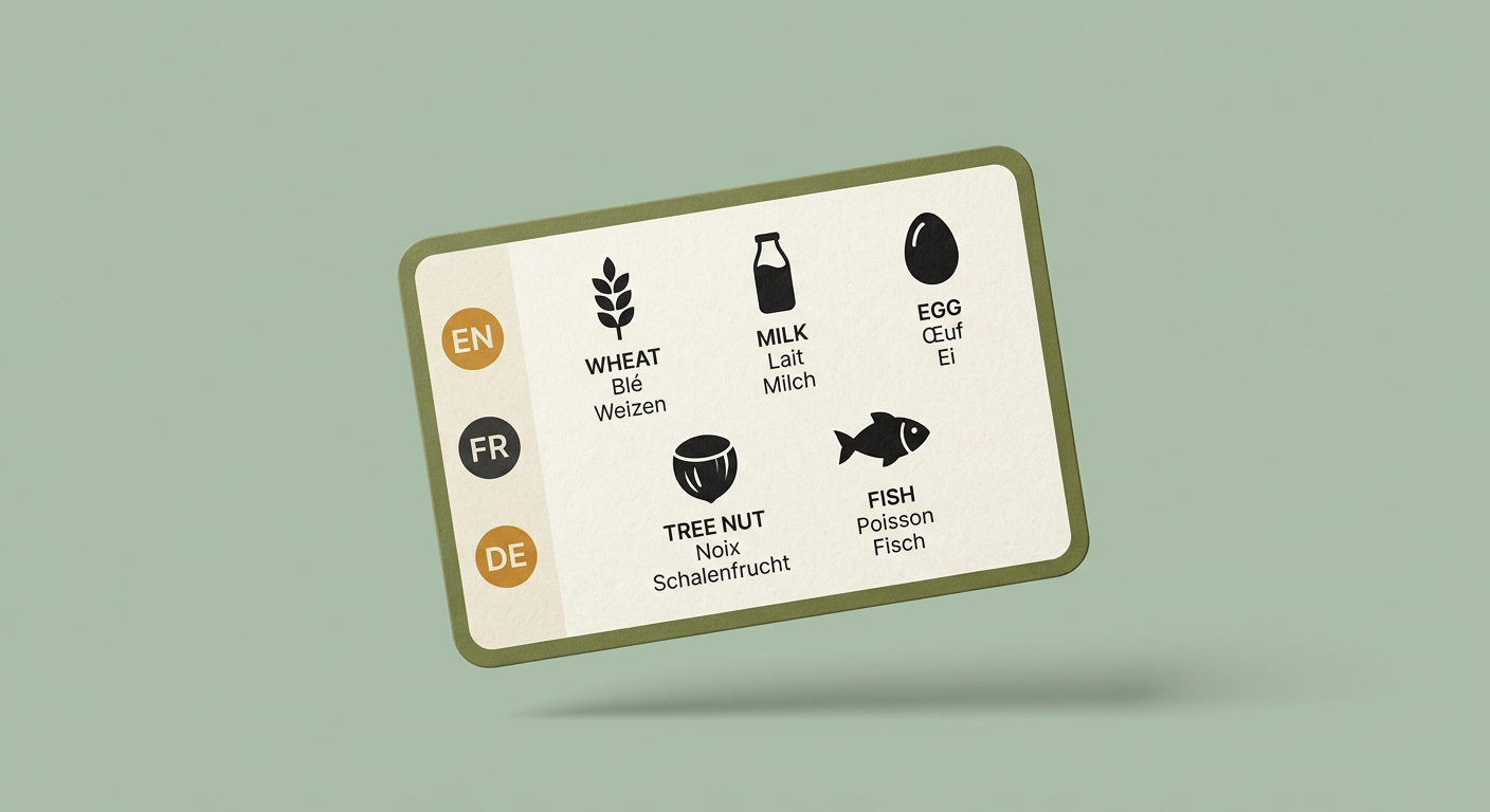 La carte des allergènes trilingue, illustration flottante du produit livré
